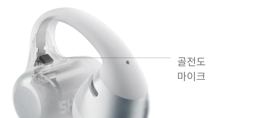 골전도 마이크 위치를 표시한 이어버드 사진